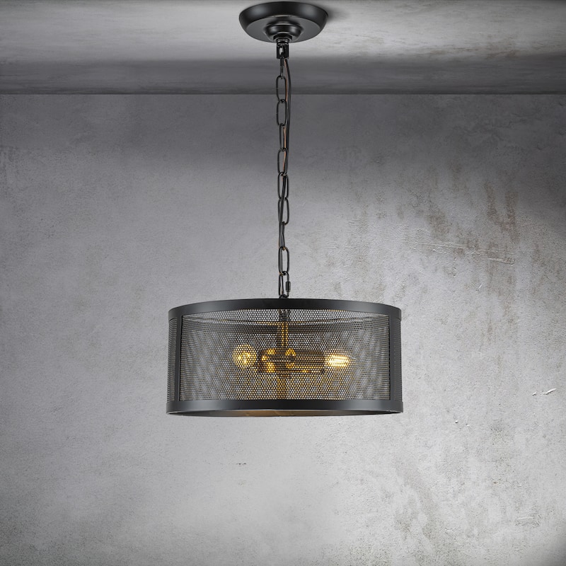 CraftHome 3-Light Modern Industrial Round Mesh Chandelier Farmhouse Pendant Light Fixture With Matt Black Shade - W:14"