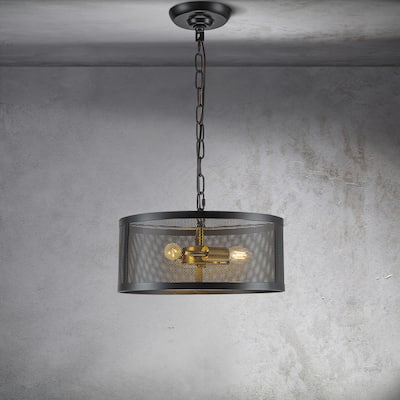 CraftHome 3-Light Modern Industrial Round Mesh Chandelier Farmhouse Pendant Light Fixture With Matt Black Shade - W:14"