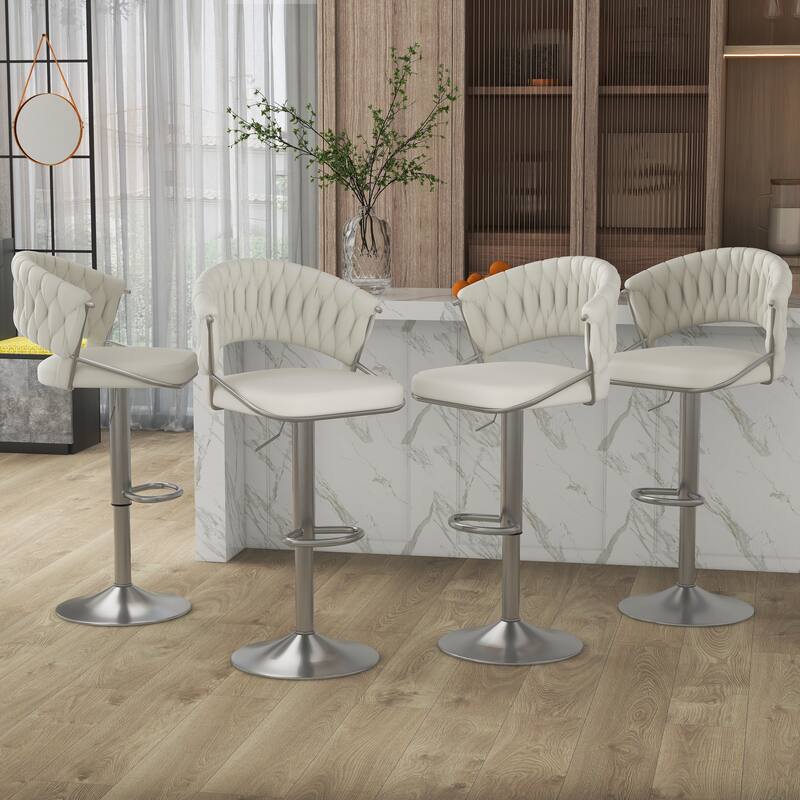 Set of 4 Bar Stool Adjustable Height with Swivel Seat - SILVER-IVORY