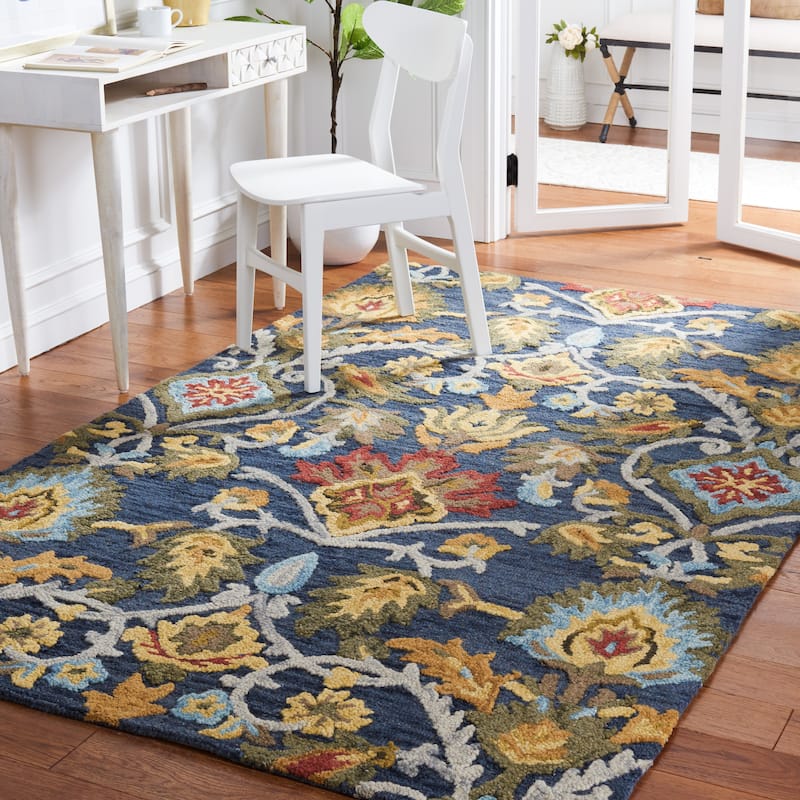 SAFAVIEH, Handmade Marietje Blossom French Country Wool Area Rug - 12' Square - Navy/Multi
