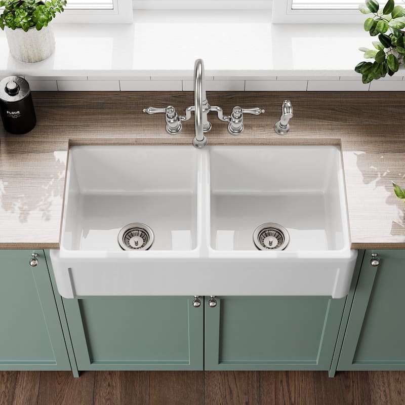Reversible Fireclay Kitchen Sinks With Grid Three Edge Frame, Plain Front Apron