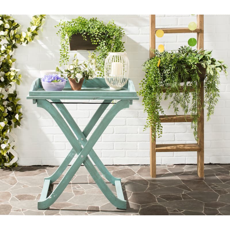 SAFAVIEH Outdoor Anastasiia Acacia Wood Folding Tray Table - 19Wx27Dx32H - Beach House Blu
