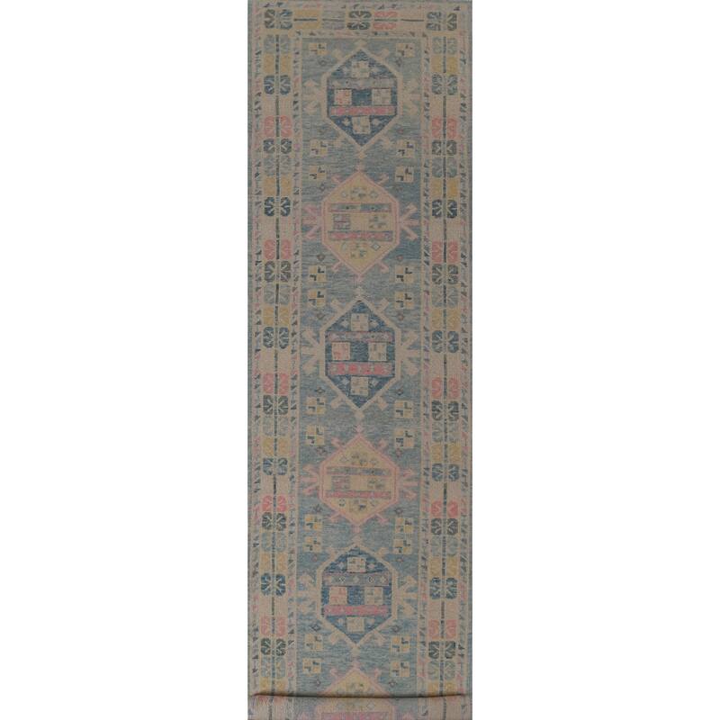 Hand Knotted Oriental 100% Wool Carpet Transitional Geometric Navy Blue & Blues Oushak Runner Rug - 17' 0'' X 3' 3''