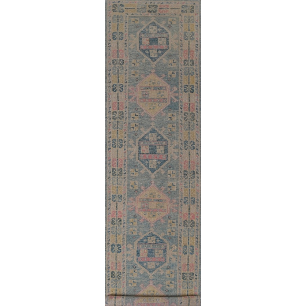 Hand Knotted Oriental 100% Wool Carpet Transitional Geometric Navy Blue & Blues Oushak Runner Rug - 17' 0'' X 3' 3''