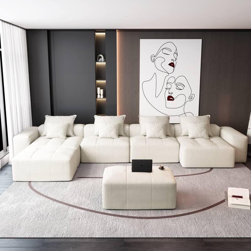127" Oversized Modular Sectional Sofa,6 Seat Sparkling Chenille Fabric Soft Cushion Sofa with 8 Pillows,No Assembly Required - Beige