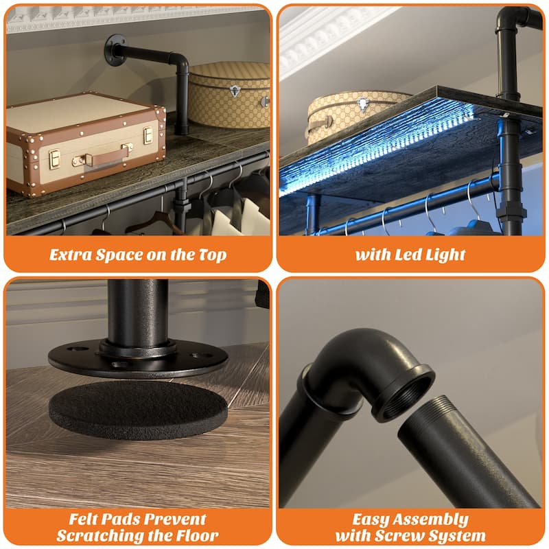 Industrial Pipe Clothing Rack, Reversible 118.3'' Garment Rack with LED Lights& Shelves for Walk-in Closet
