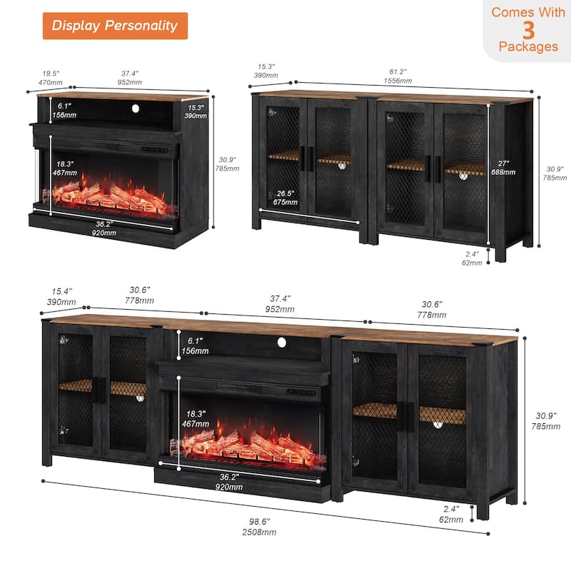 Rustic Wood Fireplace TV Stand with Mesh Barn Doors for Living Room