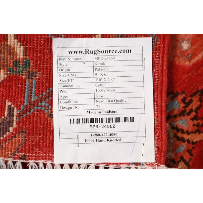 Animals Design Red Kazak Oriental Accent Rug Hand-Knotted Wool Carpet - 2'0" x 3'0"