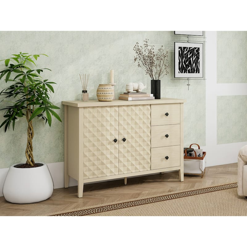 Buffet Cabinet with 2 Embossed Doors, Kitchen Wooden Storage Cabinet, Accent Cabinet with 3 Drawers & Adjustable Shelves