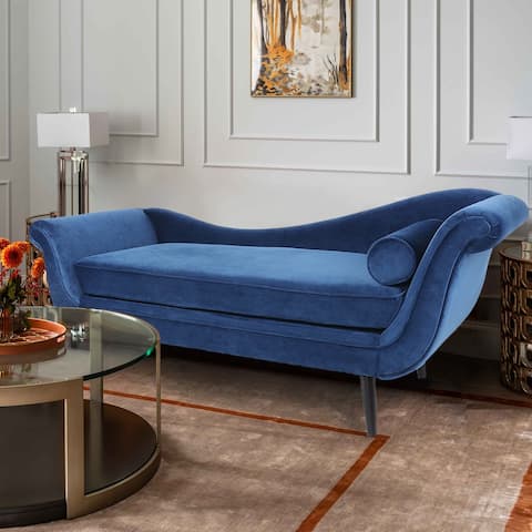 Chaise Lounge Blue Velvet Fabric Upholstered Sofa with Wood Feet and Removable Cushion