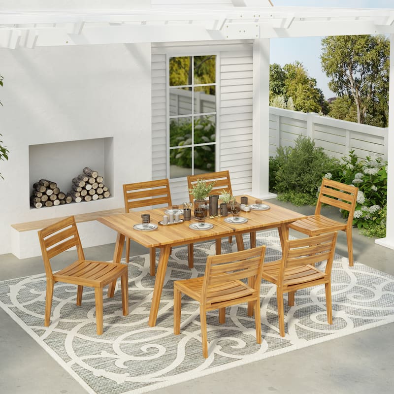 Christopher Knight Home - Camden 7-Piece Outdoor Acacia Wood Dining Set with Slat Chairs - Teak Finish