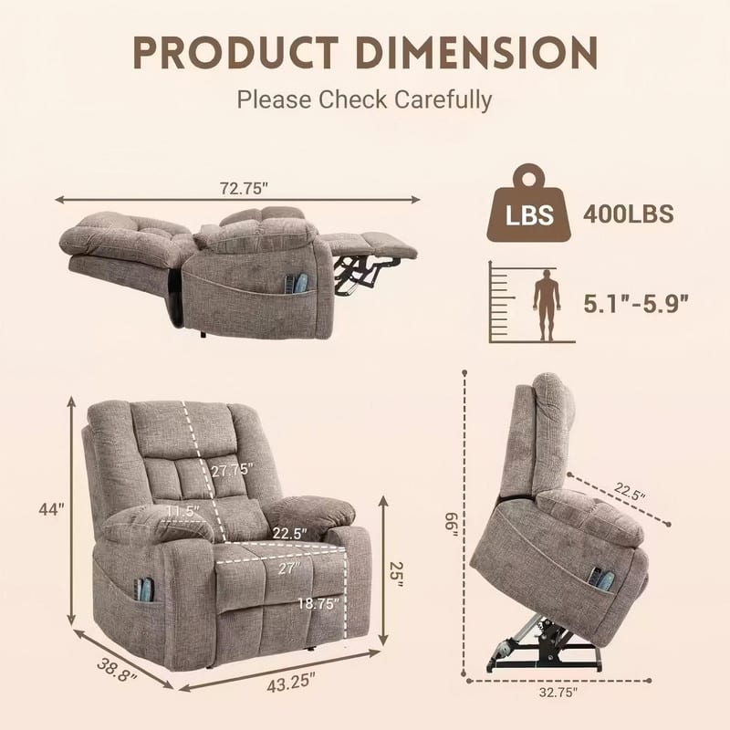 Flatship 4 Motors Power Lift Recliner,Adjustable Headrest Oversized Recliner Chair with Heat/Massage