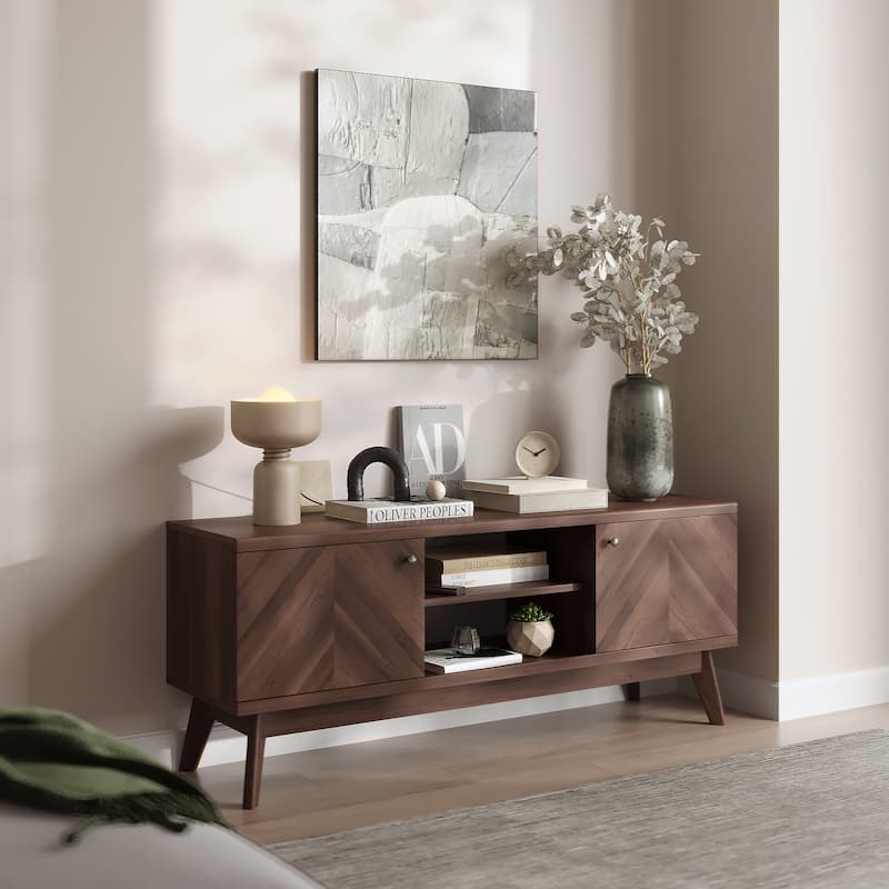 Living Skog Scandi Mid-Century Modern Herringbone TV Stand for TV Up to 65 Inches with Wooden Legs