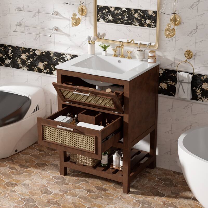 24"Bathroom Vanity with Integrated Ceramic Sink,Bathroom Cabinet with 1 Deep Drawer,1 Tip-Out Drawer,Single Sink Bathroom Vanity