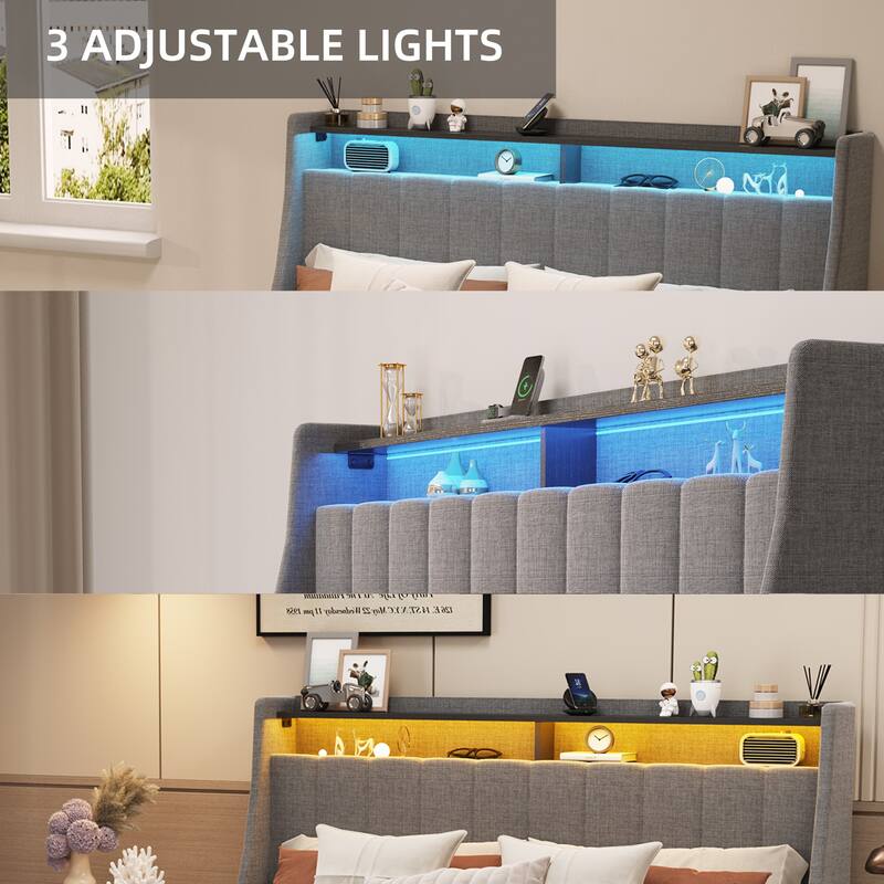 Queen/Full/Twin Size Wings Headboard Design Bed Frame with LED, 4 Under-bed Portable Storage Drawers