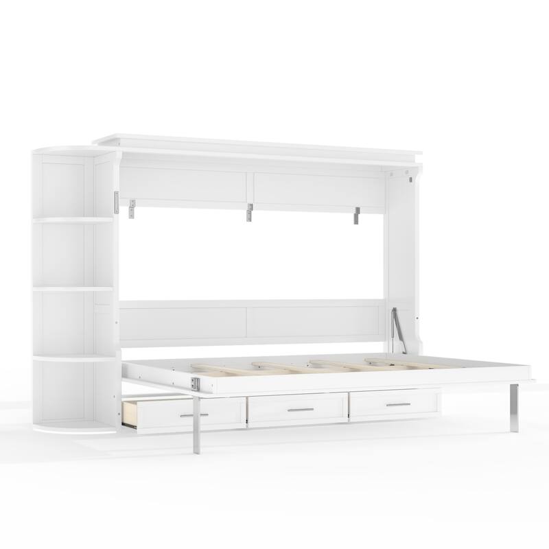 Murphy Platform Bed with Side Cabinets & Drawers, Wall Bed with Shelf for Home Office, Queen or Full