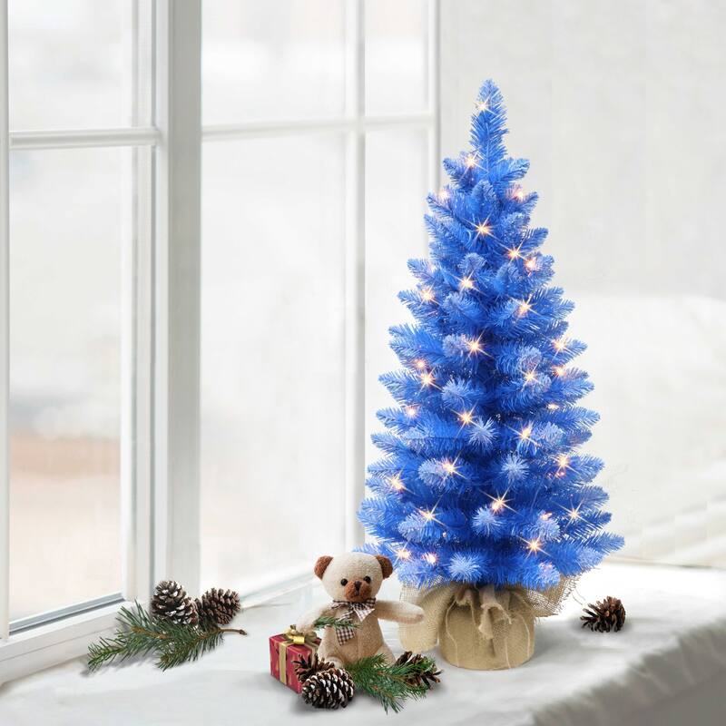 3' Potted Blue Pine Slim Artificial Christmas Tree, Clear Lights - 3 Foot