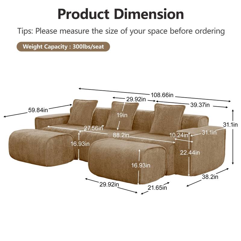 GDFStudio - Streamlined Velvet 3-Seater 108.66" U-Shaped Modular Boneless Sofa with 2 Ottomans