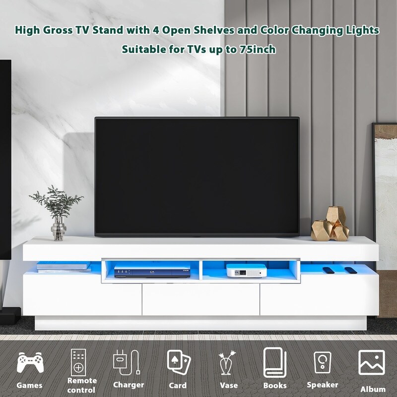 TV Stand with 4 Open Shelves and LED Light, for 75 Inch TV