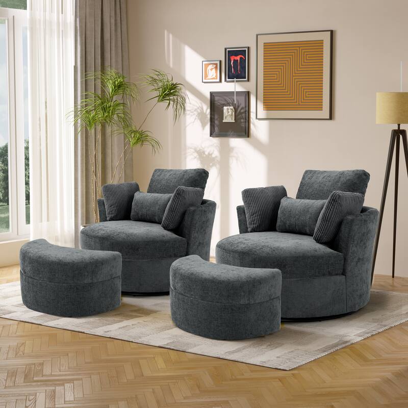 Upholstered Swivel Accent Barrel Chair And Storage Ottoman Sets - Corduroy Pillow&Chenille Chair - Gray