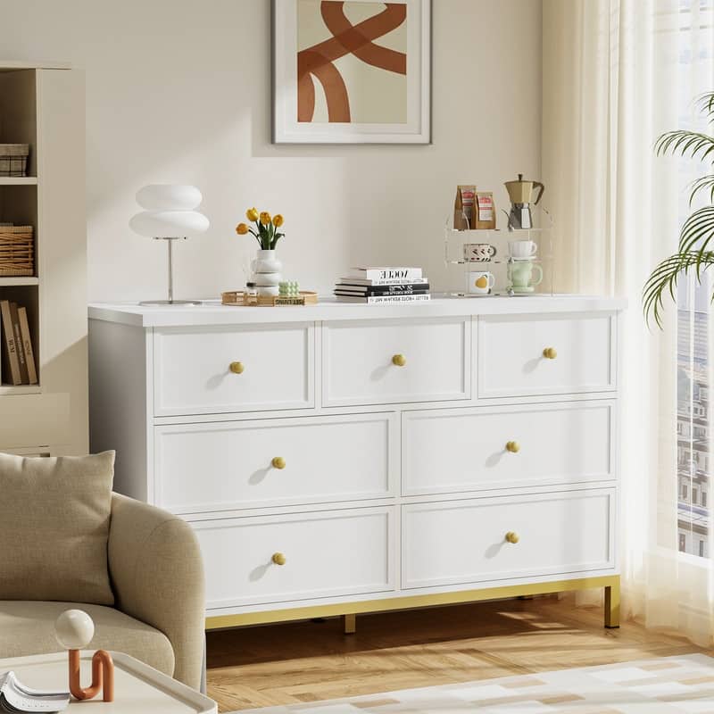 47" White Wooden Dresser With 7 Deep Drawers & Metal Handles
