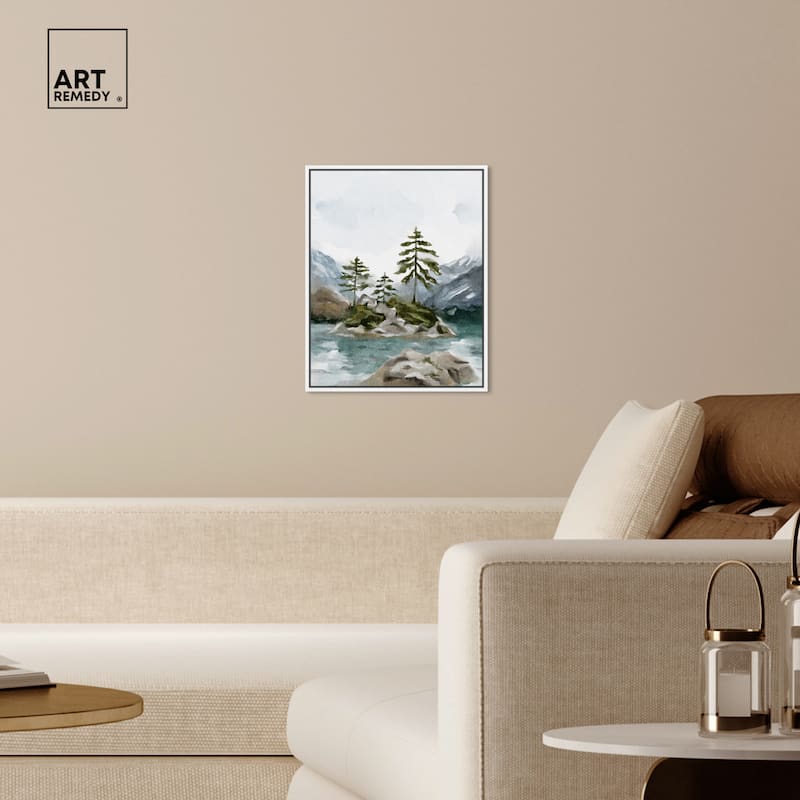 Art Remedy Cold Winter Lake Framed Landscape 1 Piece Canvas Wall Art Watercolor Style