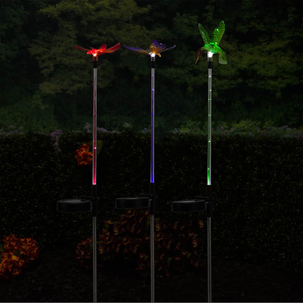 Alpine Corporation 33" Tall Butterfly, Hummingbird, Dragonfly Solar Fiber Optic LED Pathway Light Garden Stakes (Set of 3)