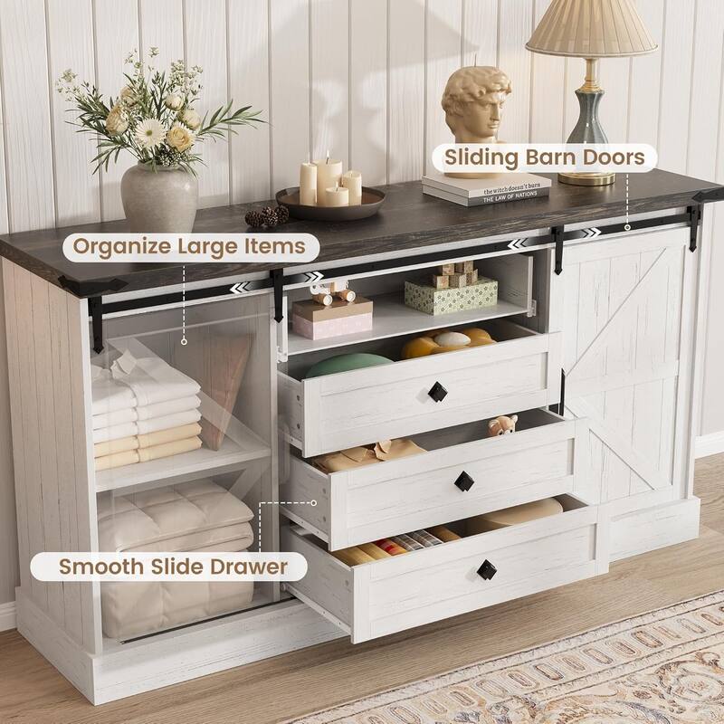 Farmhouse 4 Drawer Dresser for Bedroom, 59" Wood Dressers with Sliding Barn Doors