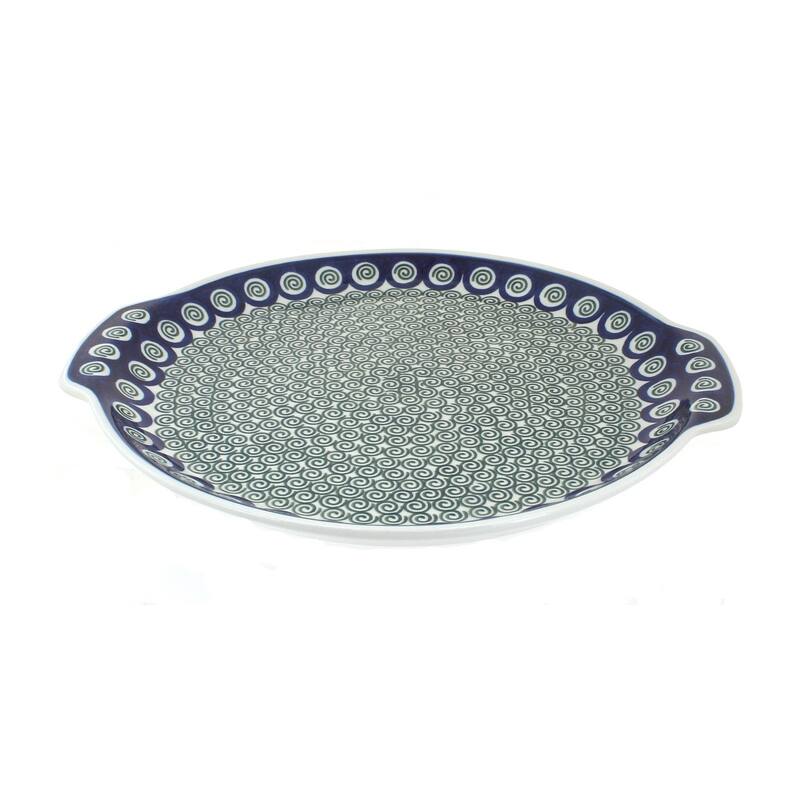 Blue Rose Polish Pottery 151 Ceramika Artystyczna Round Serving Tray with Handles - Peacock Swirl