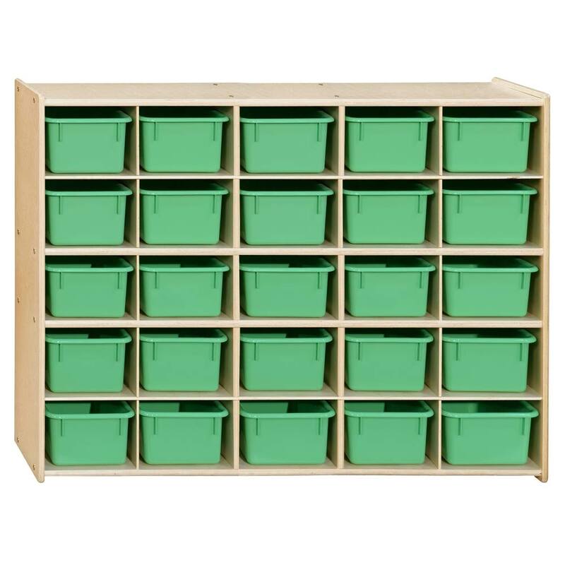Contender 25 Cubby Storage Shelving Unit With Lime Green Bins, Daycare Organizer For Toys, Puzzles and Craft Supplies