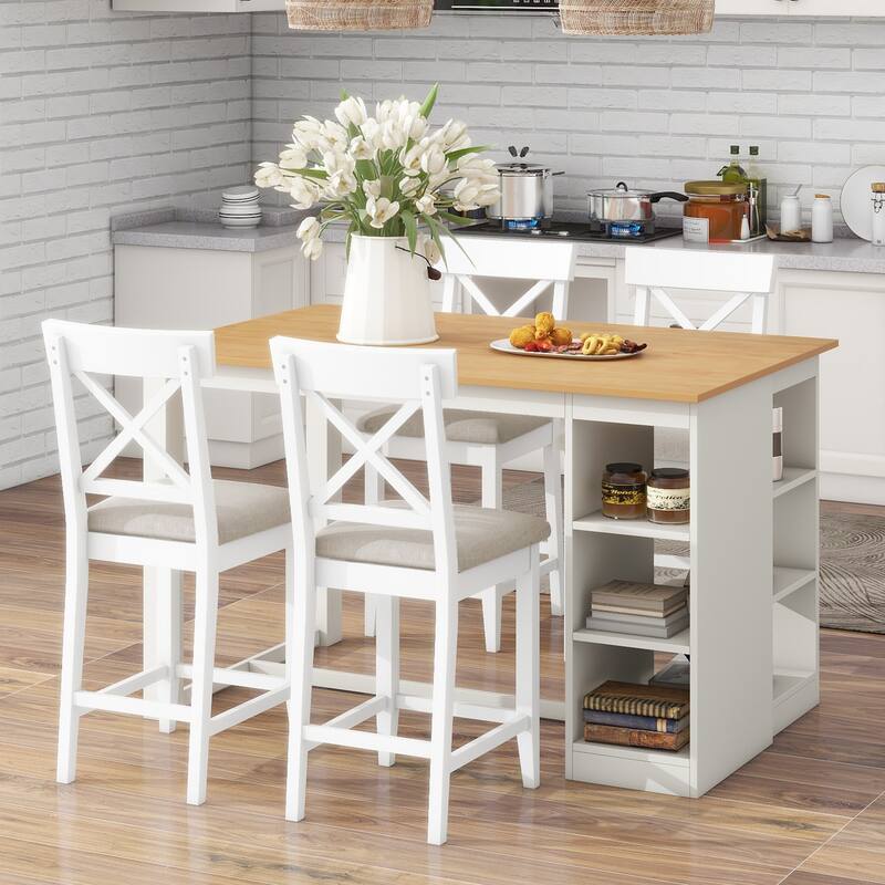 Wood Farmhouse Counter Height Dining Table Set Multi-Functional Bar Dining Table and Chairs Set with 3-Tier Storage Shelves