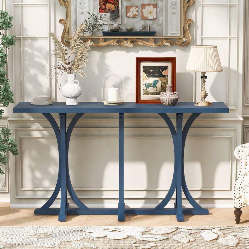 59.8" Wooden Console Table with Oak Veneer Top,Farmhouse Entryway Table with Rubber Wood Slender Curved Legs - Navy Blue