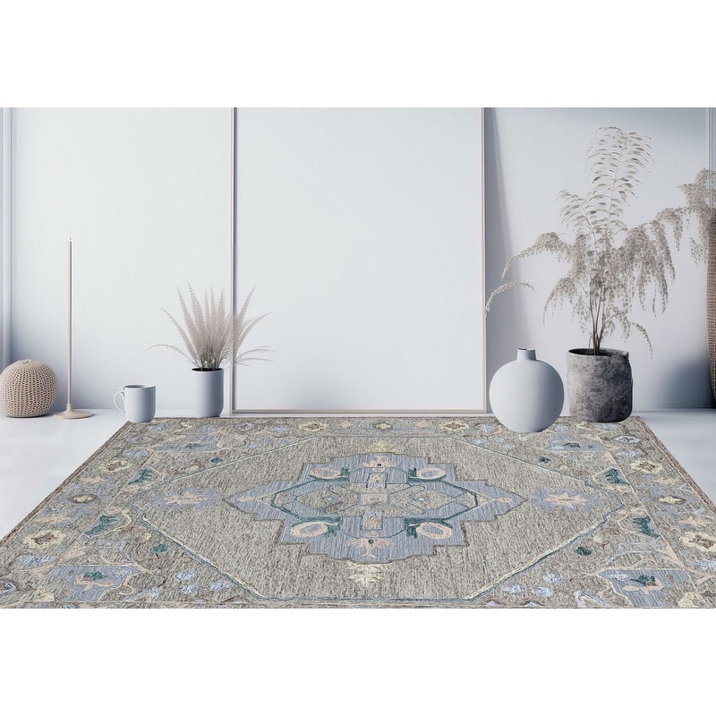 Handmade Delphi Collection Beige/Blue Wool Area Rug