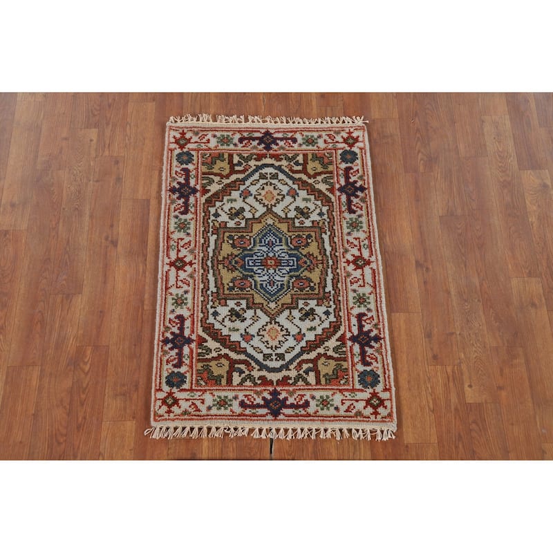 Geometric Blue Heriz Serapi Indian Accent Rug Hand-Knotted Wool Carpet - 2'0" x 3'0"