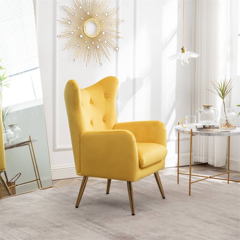 Velvet Wing Back Accent Chair with Button-Tufted and Metal Legs