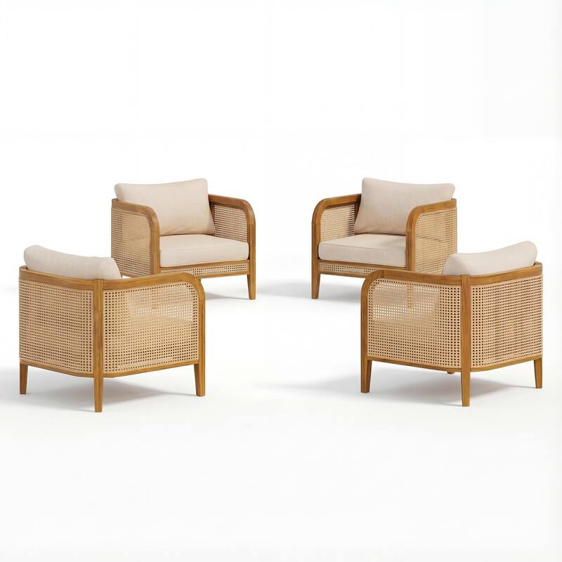 Roomfitters Kirkby Outdoor Acacia Wood Arm Chair with Wicker Back and Cushion, Teak Finish and Beige - Beige,Teak (4 Piece)