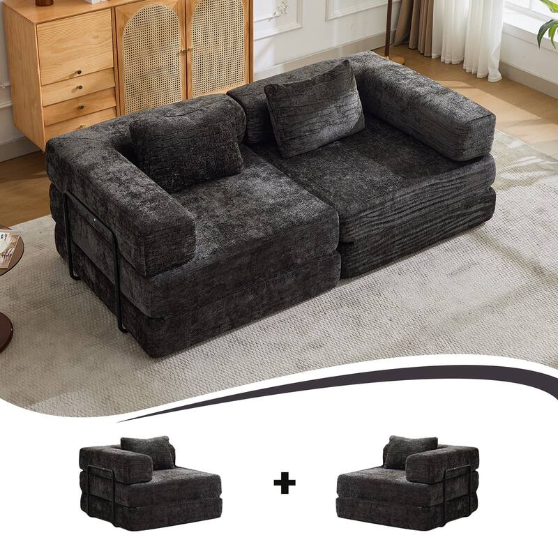 Chenille Loveseat Couch Boneless Modular Sectional Sofa Convertible Floor Sleeper Bed with Fixed-shape Frame for Living Room