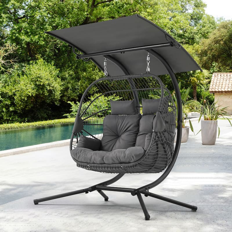 Double Egg Chair with Stand/Adjustable Canopy Patio Hammock Chair Hanging Swing Wicker Rattan Basket for Outdoor Balcony Garden