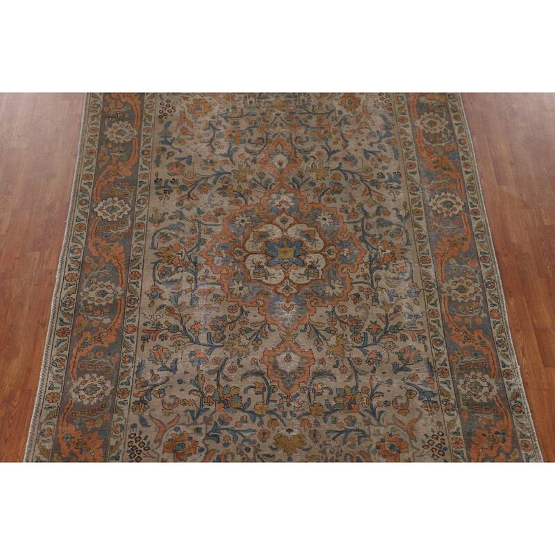 Distressed Tabriz Persian Antique Rug Handmade Floral Wool Carpet - 6'6"x 10'2"