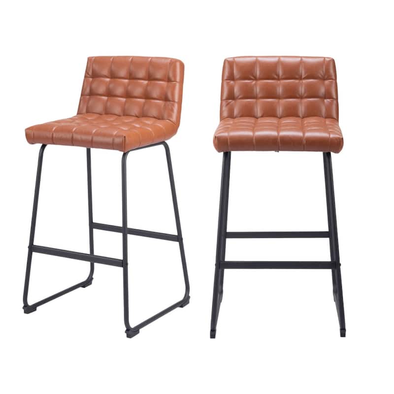 Set of Two 30" Brown And Black Faux Leather And Steel Bar Height Bar Chairs