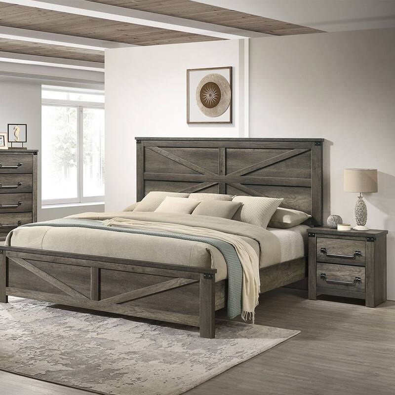 3-Piece Bedroom Sets Queen Size Platform Bed w Nightstands Antique Walnut/Rustic Gray/Black Gold