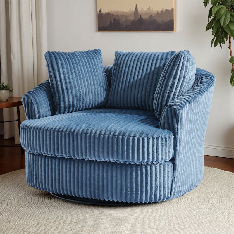 Oversized 43" W Plush Corduroy Recessed Arm Swivel Barrel Chair - Blue