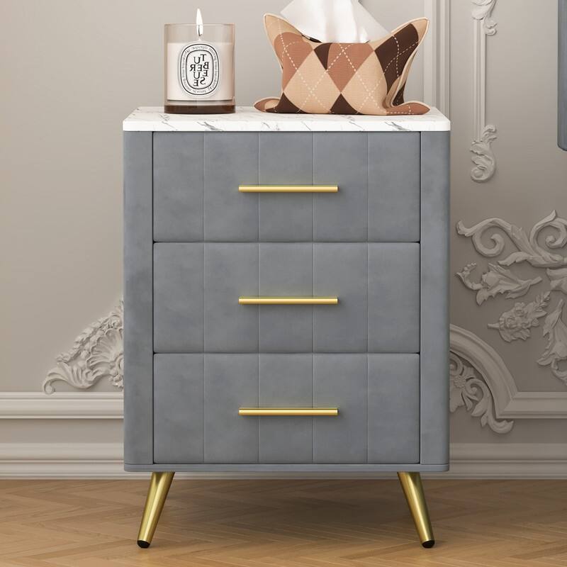 Upholstered Wooden Nightstand with 3 Drawers and Metal Legs&Handles
