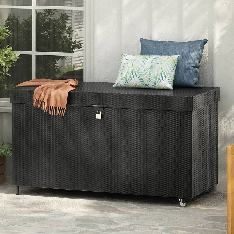 200 Gallon Wicker Deck Box All-Weather Outdoor Storage Box with Wheels Lockable Lid and Water Resistant Storage Bag for Patio
