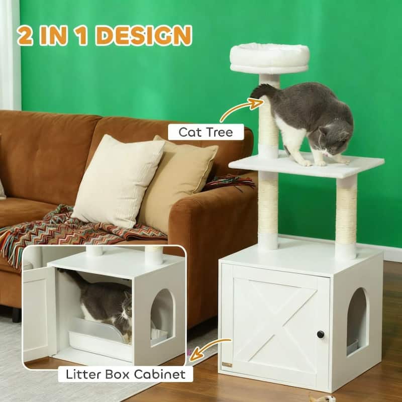 White Cat Tree with Litter Box Enclosure