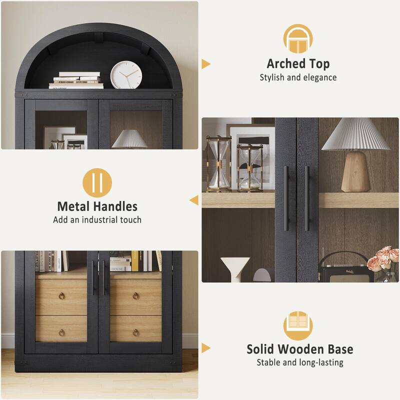71" Tall Bookshelf, 4 Tier Book Shelf with 2 Storage Drawers, with Doors