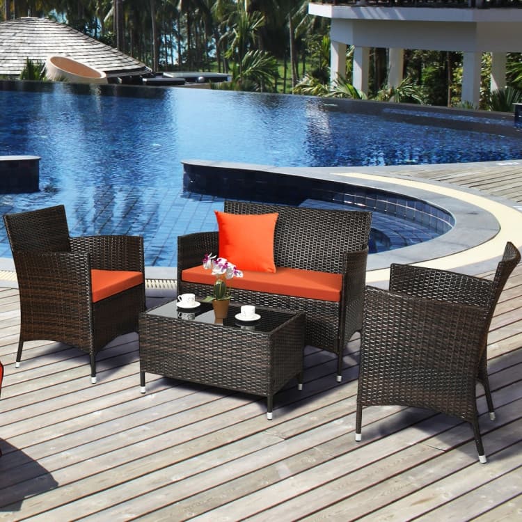 Rattan Patio Conversation Furniture Set with Glass Table and Comfortable Sofa - 4 Pcs
