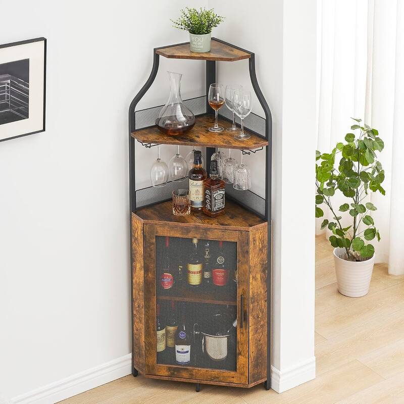 Corner Wine Cabinet with Detachable Wine Rack, 5-Tier Industrial Corner Bar Cabinet