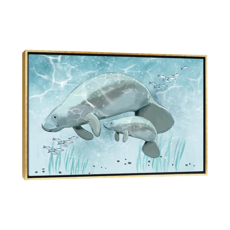 iCanvas "Mama and Baby Manatee" by Thomas Little Framed Canvas Print - Gold - 18x26