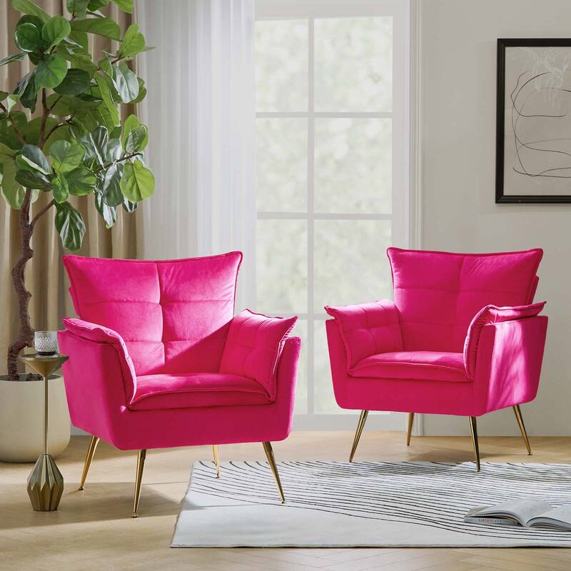 1ida Modern Velvet Tufted Accent Armchair with Gold Metal Legs Set of 2 by HULALA HOME - FUCHSIA
